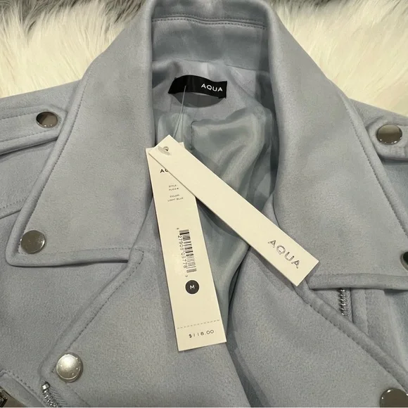 Aqua Light Blue Faux Suede Biker Jacket - Picture 5 of 12